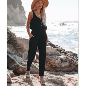 VICI Maye Cotton Pocketed Drawstring Lounge Jumpsuit Black Size Small